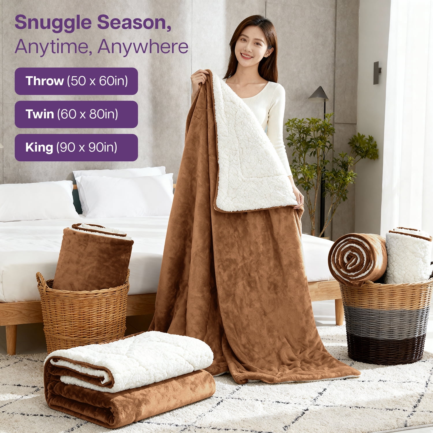 IR Imperial Rooms Wholesale Sherpa Fleece Blankets 12-Packs Warm & Soft Plush Washable Lightweight Cozy for Charity & Gift Camel Twin Size