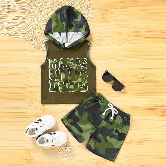 Zehjuhan Toddler Baby Boy Outfits Sleeveless Letter Print Hoodie Sweatshirt Top Camouflage Short Pants 2Pcs Army Green,6-9M