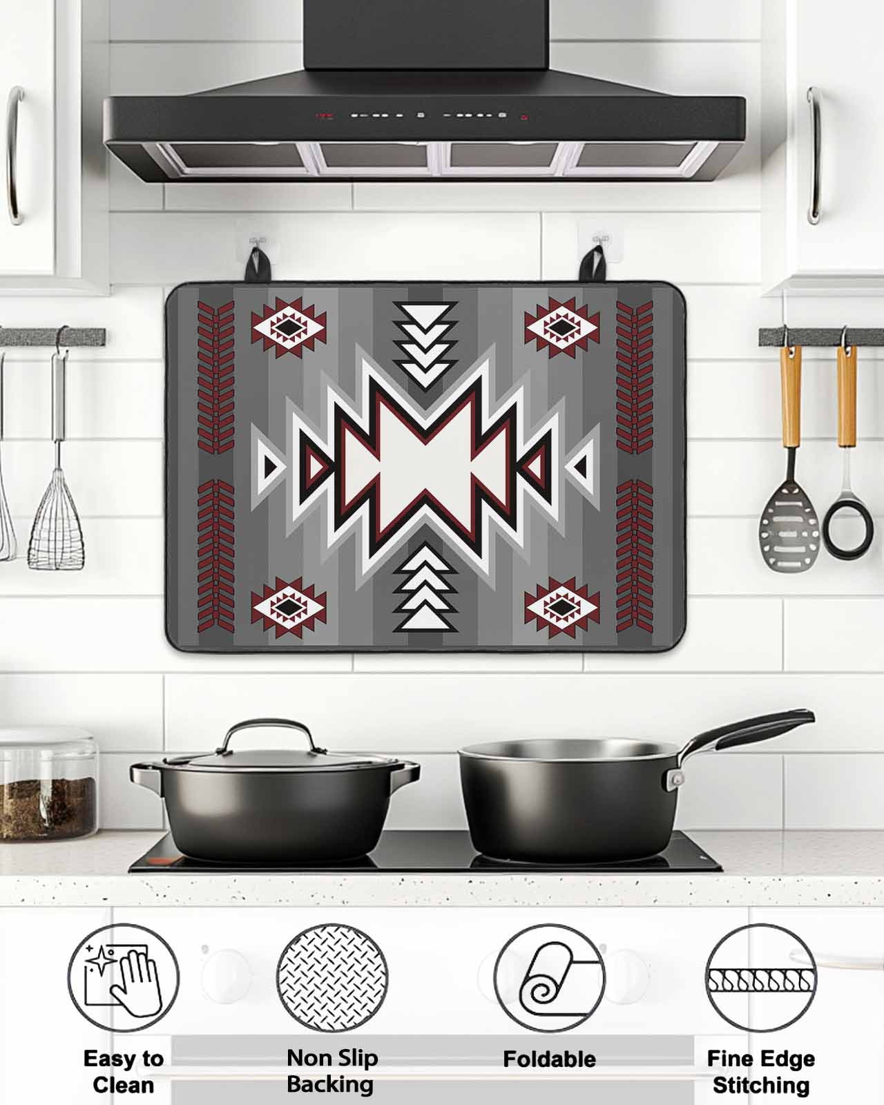 Stove Top Covers for Electric Stove, Red Gray Glass Stovetop Cover Protector, Southwest Retro Ethnic AztecTexture Bohemian Induction Cooktop Protector Oven Mat for Kitchen Countertop 24"x21"