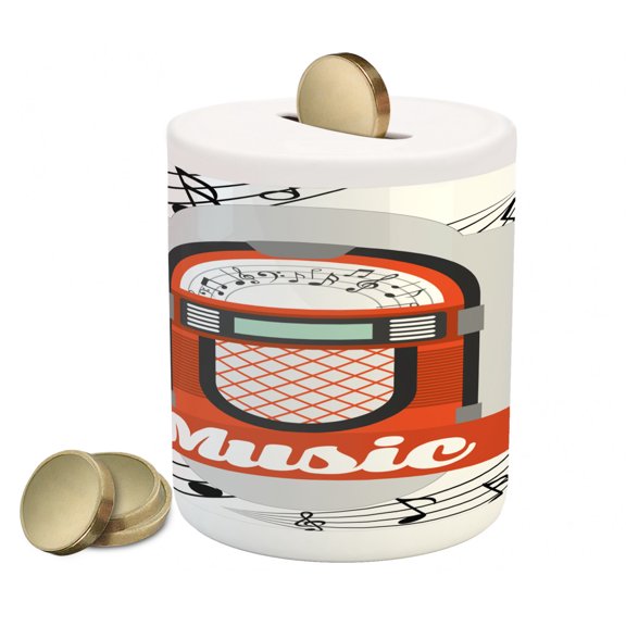 Jukebox Piggy Bank, Old Vintage Music Radio Box Cartoon Image Notes Art Print, Ceramic Coin Bank Money Box for Cash Saving, 3.6" X 3.2", Orange Pale Grey Black, by Ambesonne