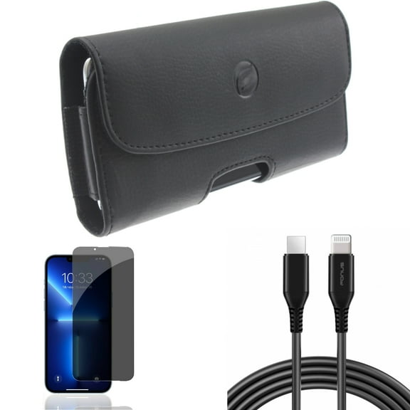 6ft PD Cable & Privacy Screen Protector & Case Belt Clip for iPhone 13/Pro ONLY - USB-C Fast Charger Long   Tempered Glass Curved Anti-Spy   Leather Holster Cover Combo