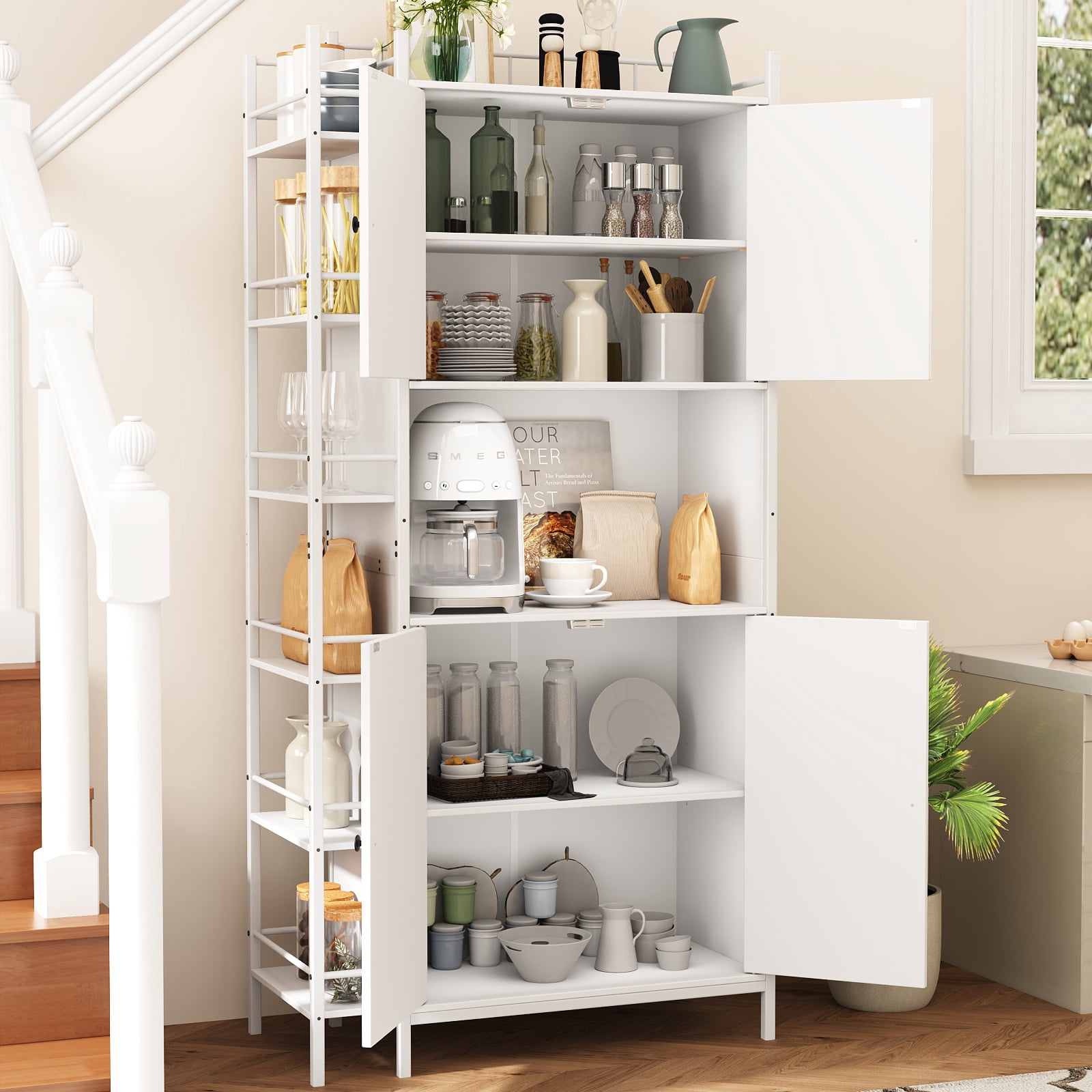 IDEALSOUL Pantry Storage Cabinets, 70.8" Kitchen Pantry Cabinet with Side Shelf, 2 Doors and 3 Shelves, White