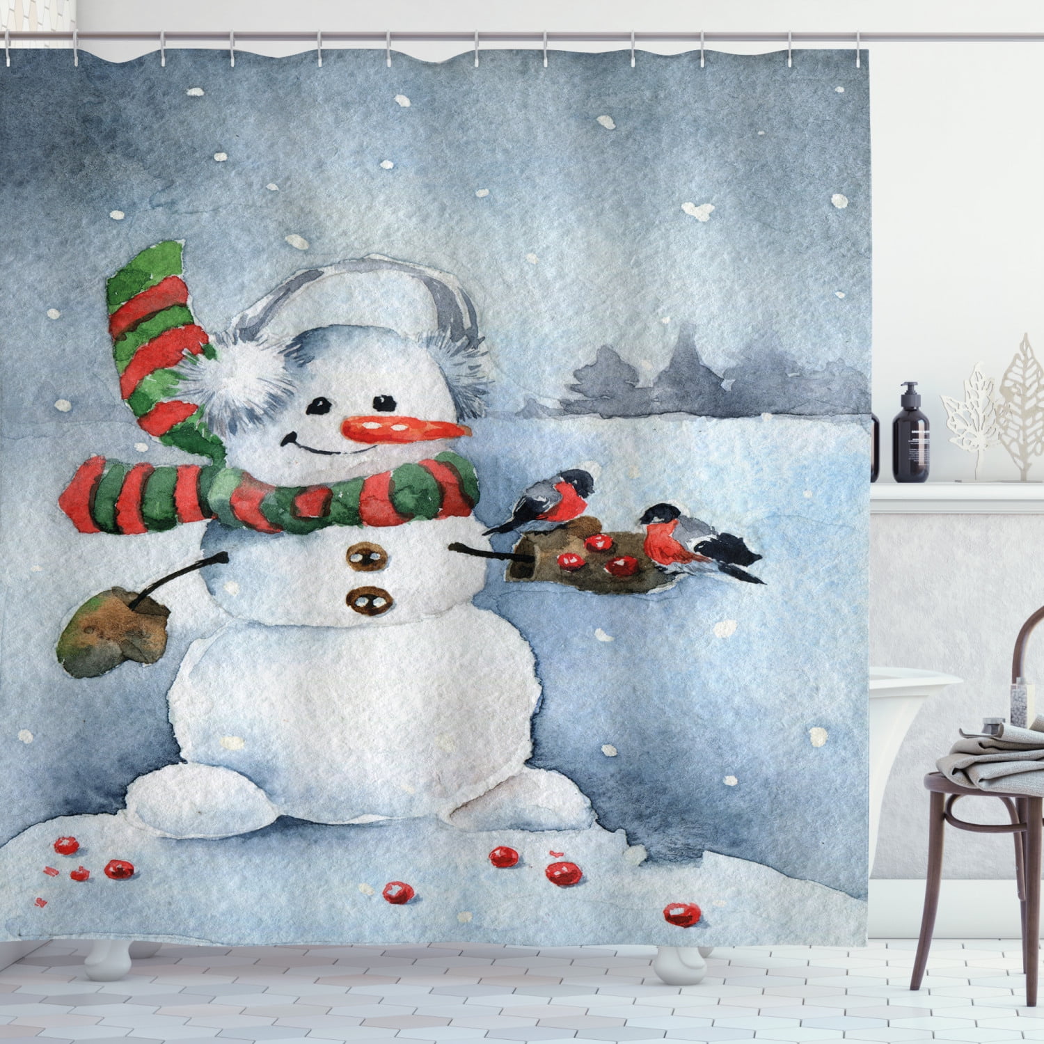 Ambesonne Snowman Shower Curtain, Watercolor Xmas Winter, 69"Wx84"L