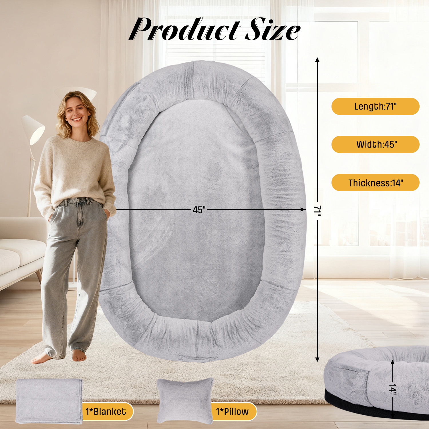Hidpriva Human Dog Bed for Adults, 71" Extra Large Human-Sized Dog Bed, Washable Faux Fur with Blanket and Pillow, Gray