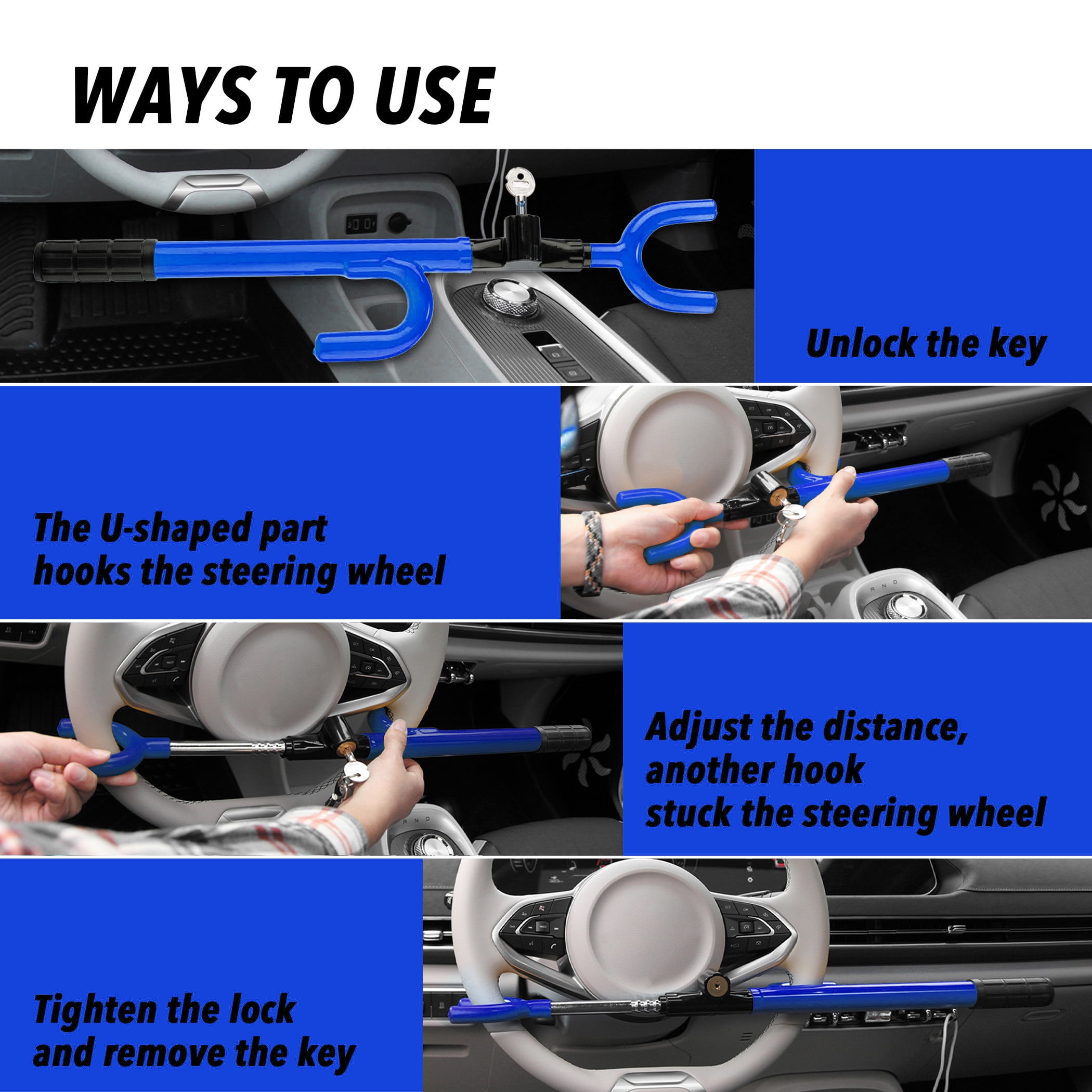 CARTMAN Vehicle Steering Wheel Lock Blue Car Anti Theft Security Lock with Adjustable Length Fit for Cars Trucks Vans and SUVs