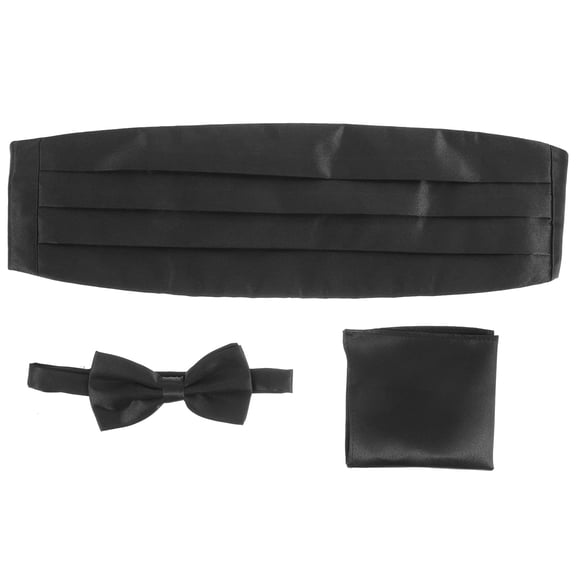 3pcs Tie Set, Black Men Satin Bow Tie Cummerbund Handkerchief Pocket Silk Cummerbund, Bow Tie, Handkerchief - Black Tuxedo Set