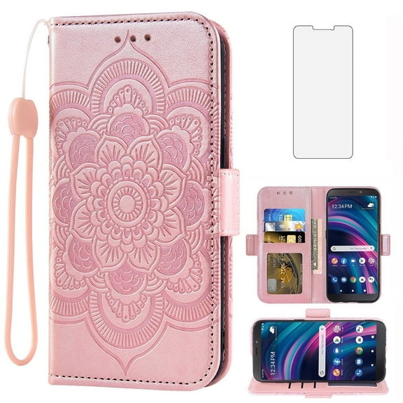 Asuwish Compatible with Tracfone BLU View 3 B140DL Wallet Phone Case and Tempered Glass Screen Protector Flip Credit Card Holder Stand Mandala Flower Cell Cover for BLUE View3 140DL Women Men Pink