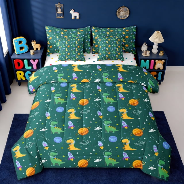 Manfei Ensemble de Literie 7 Pcs Vert Jaune Dinosaure, Ensemble de Couette Multicolore Dino Adorable Mignon Animaux Très Grand pour Garçons Enfants, Réversible