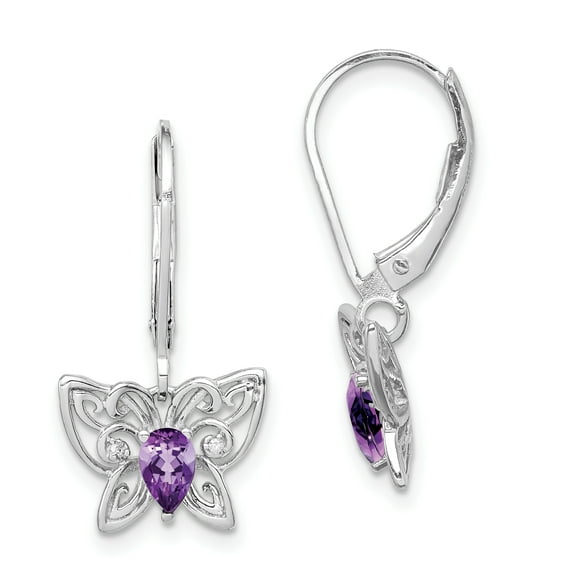 Primal Silver Sterling Silver Rhodium-plated Amethyst Diamond Butterfly Earrings