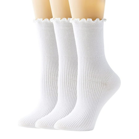 

SEMOHOLLI Women Ruffle Socks Ankle Socks Ruffle Turn-Cuff Lovely Double Needle Solid Color Edge Relent Girl Socks (3 Pairs-White)