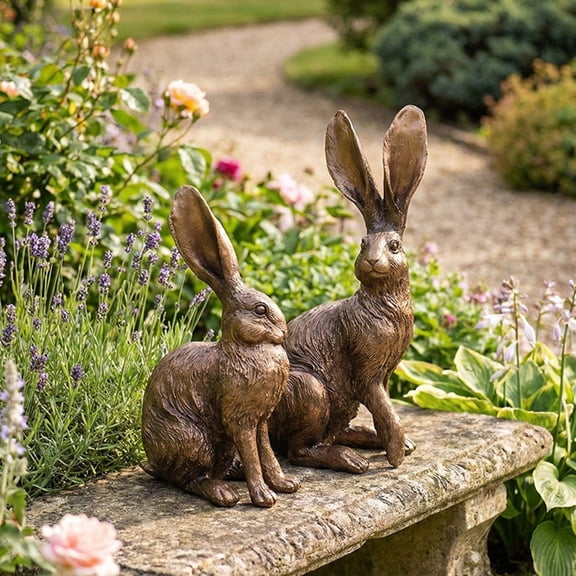 2pcs Resin Simulated Bronze Long-Eared Rabbit Figurine - Vintage Decorative Ornament for Desktop, Shelf & Garden, Durable Artisanal Craft, Perfect Easter, Year of The Horse Rustic Accent