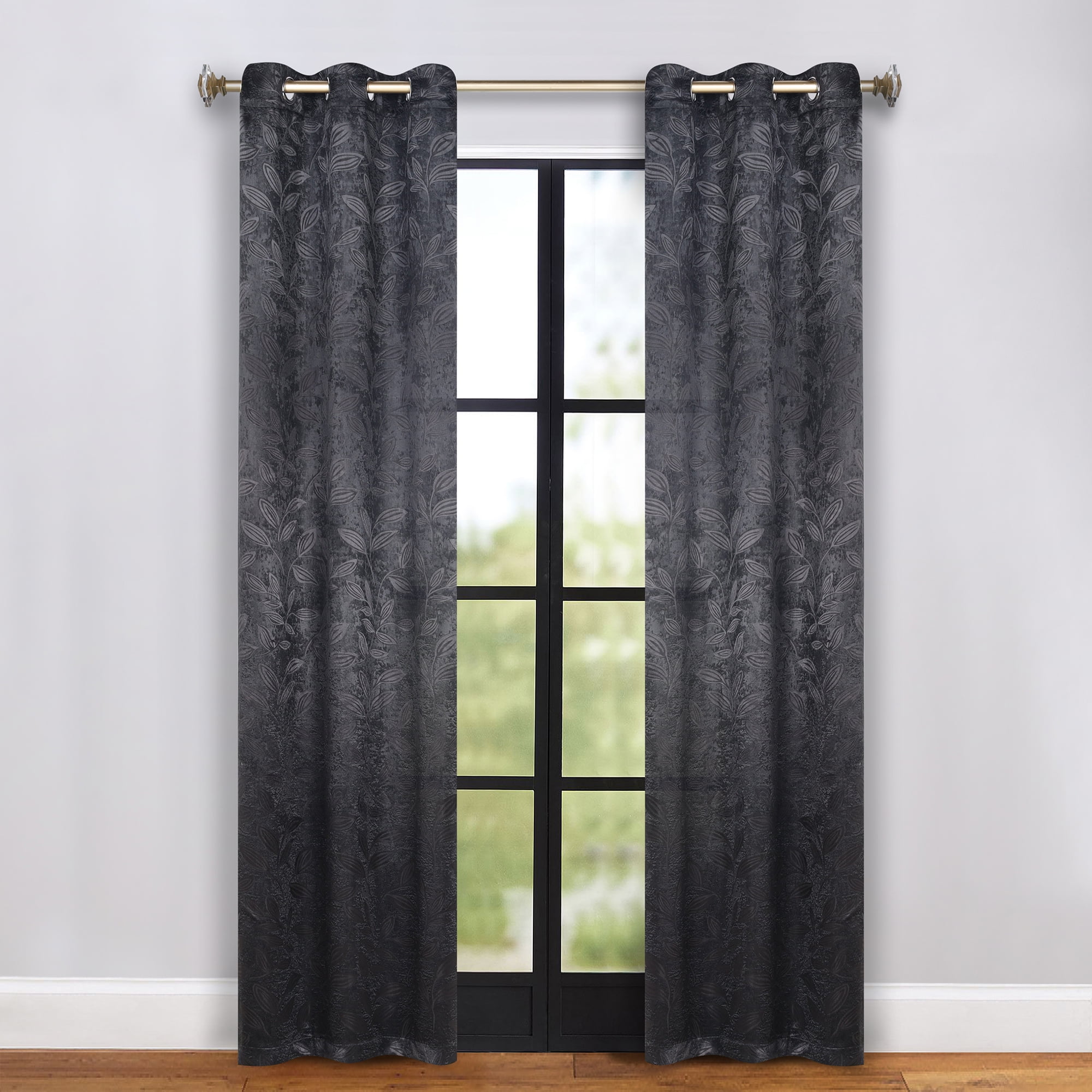 Superior Blackout Leaves Curtains Set of 2, Light Filtering Grommet Curtain Panel Set, Black, 42"W x 63"L