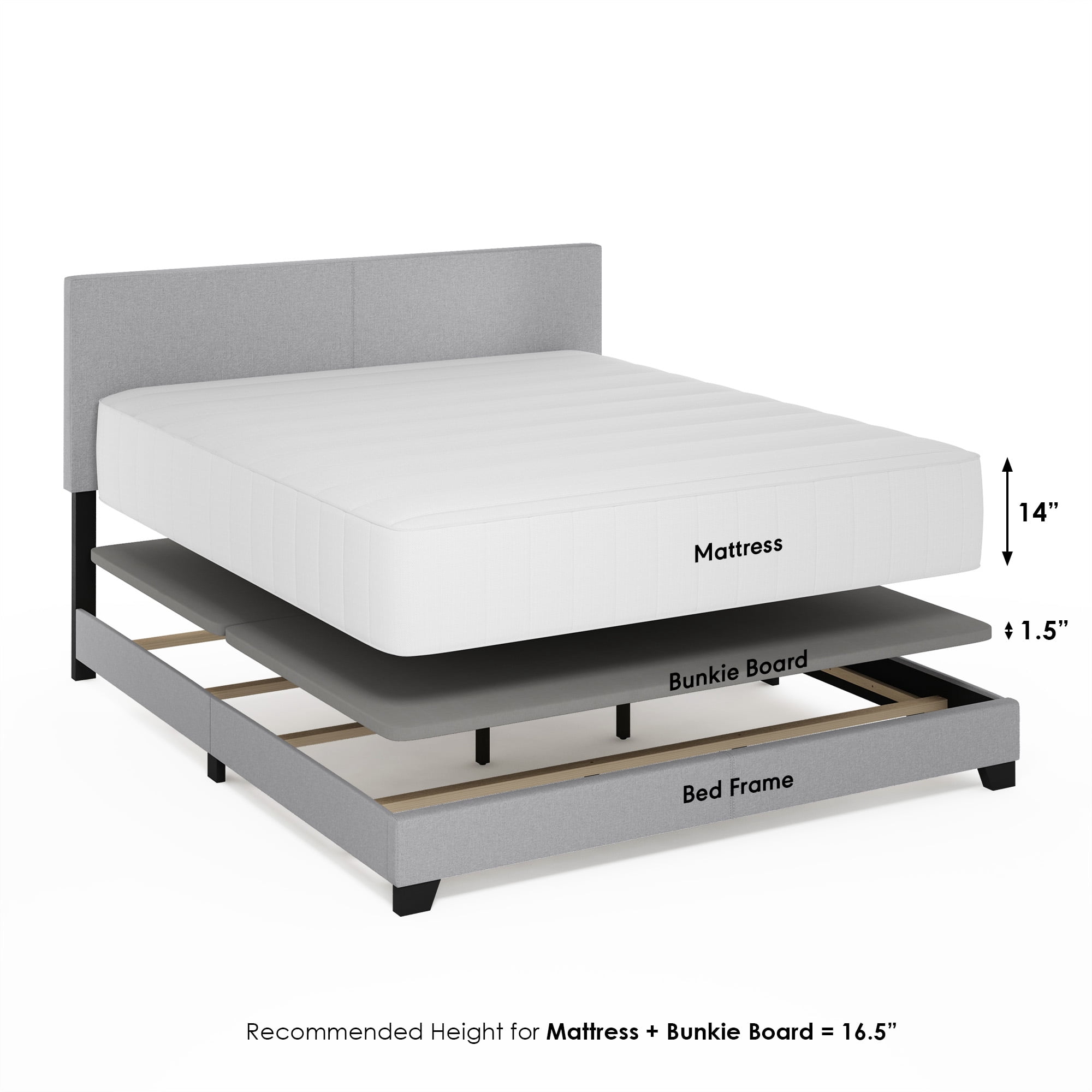 Furinno PESSAC California King Upholstered Bed Frame with Fabric Headboard and Wooden Slat Support, Light Grey