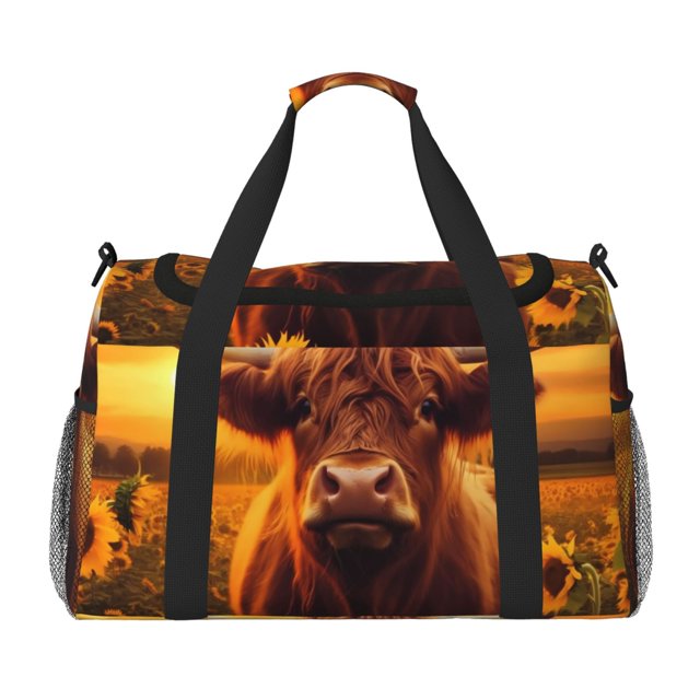 Fotbe Vintage Sunflower Cow A Bolsa de Viaje con Estampado, Bolsa de Fin de Semana para Mujer con Compartimento para Zapatos, Bolsa de Gimnasio con Bolsillo Húmedo