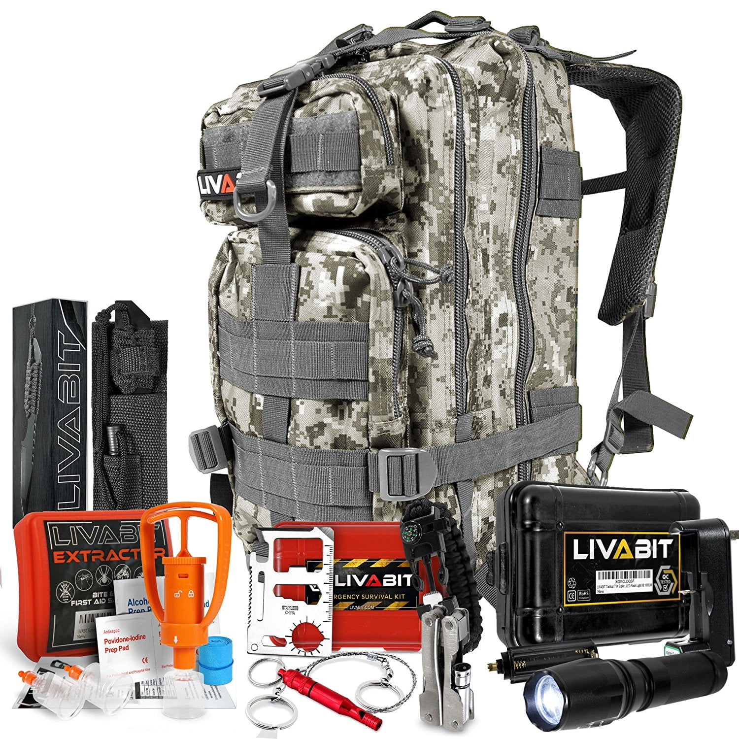 LIVABIT SOS Bug Out 3 Day Backpack First Aid Kit Emergency Survival Gear ACU 