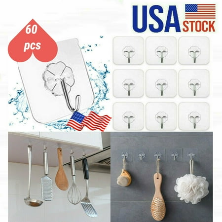 

60 Packs Heavy Duty Adhesive Wall Hooks Removable Transparent Sticky Wall Hangers Waterproof Reusable Wall Hook for Bathroom and Kitchen Sale 7096