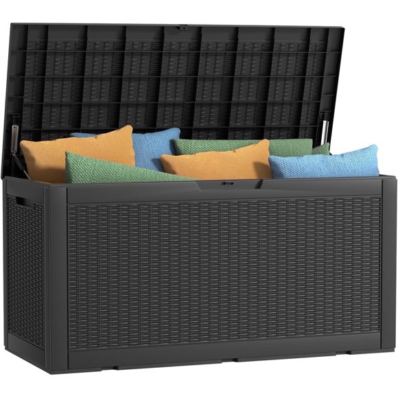 100 gal Black Resin Outdoor Storage Deck Box - Waterproof, Lockable Lid & Side Handles for Patio Furniture, Garden Tools, Cushions, Pool Accessories