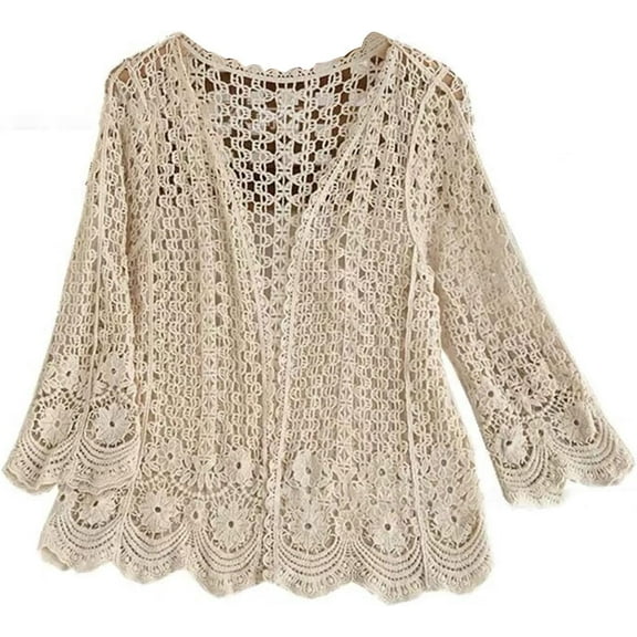 Women's Summer Long Sleeve Cardigan Hollow Out Crochet Knit Floral Cover Up Open Front Scalloped Mesh Beach Shrug Coat Beige