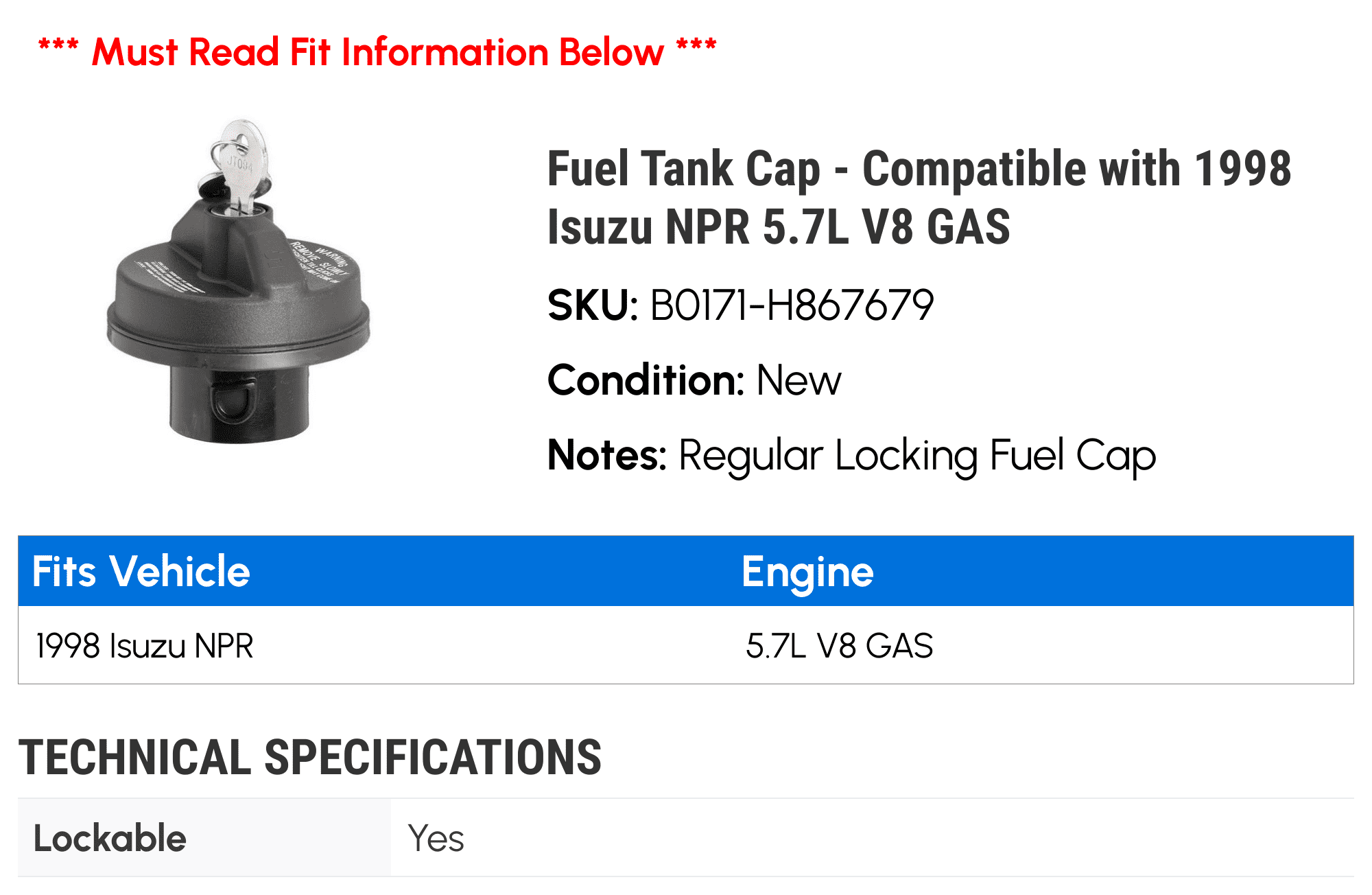 Fuel Tank Cap - Compatible with 1998 Isuzu NPR 5.7L V8 GAS