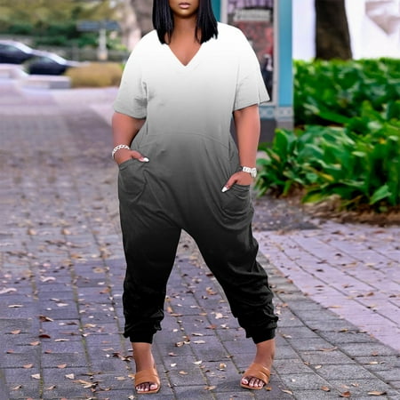 

Yuwegr Womens Jumpsuits Casual Casual Stretchy Summer Loose Rompers Short Sleeve Wide Leg Jumpsuit With Pocket V-neck Dressy Bodysuit Dark Gray M