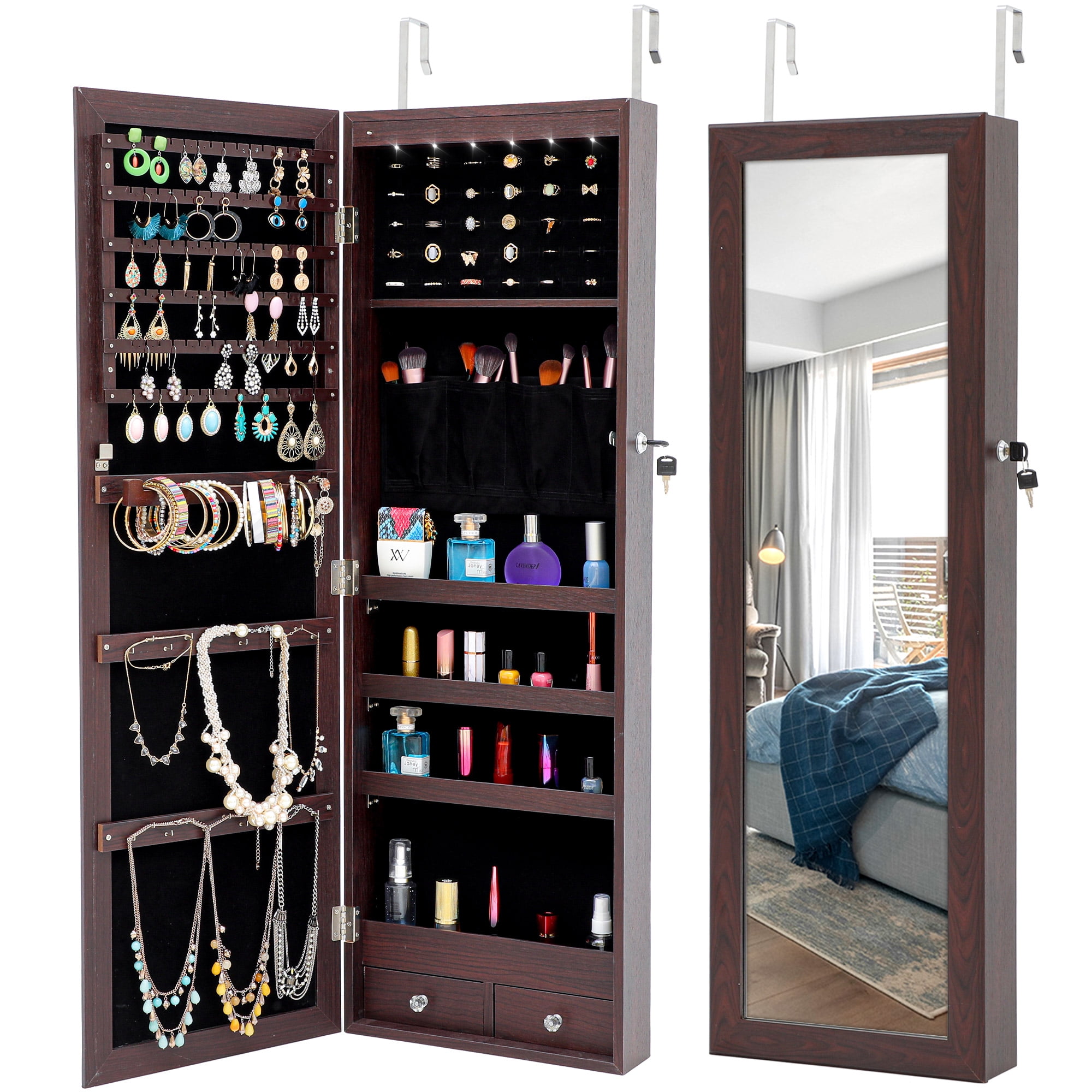 Resenkos LED Light Mirrored Jewelry Cabinet with Storage Drawer, Door/Wall Jewelry Armoire with Full-Length Mirror Brown