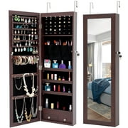 Jewelry Storage Mirror Cabinet Fashion Simple Jewelry Mirror Armoire Cabinet with Full-length Mirror and Led Lights Can Be Hung on the Door or Wall (Brown)