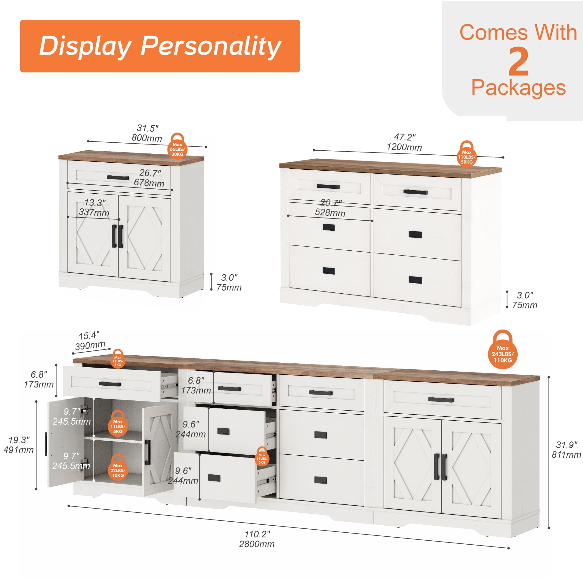WAMPAT 110"W Large TV Stand,3-in-1 Farmhouse Entertainment Center with Storage Barn Door Cabinet,TV Console Table With Media Cabinet and Drawers for Living Room,Bedroom,Cream White