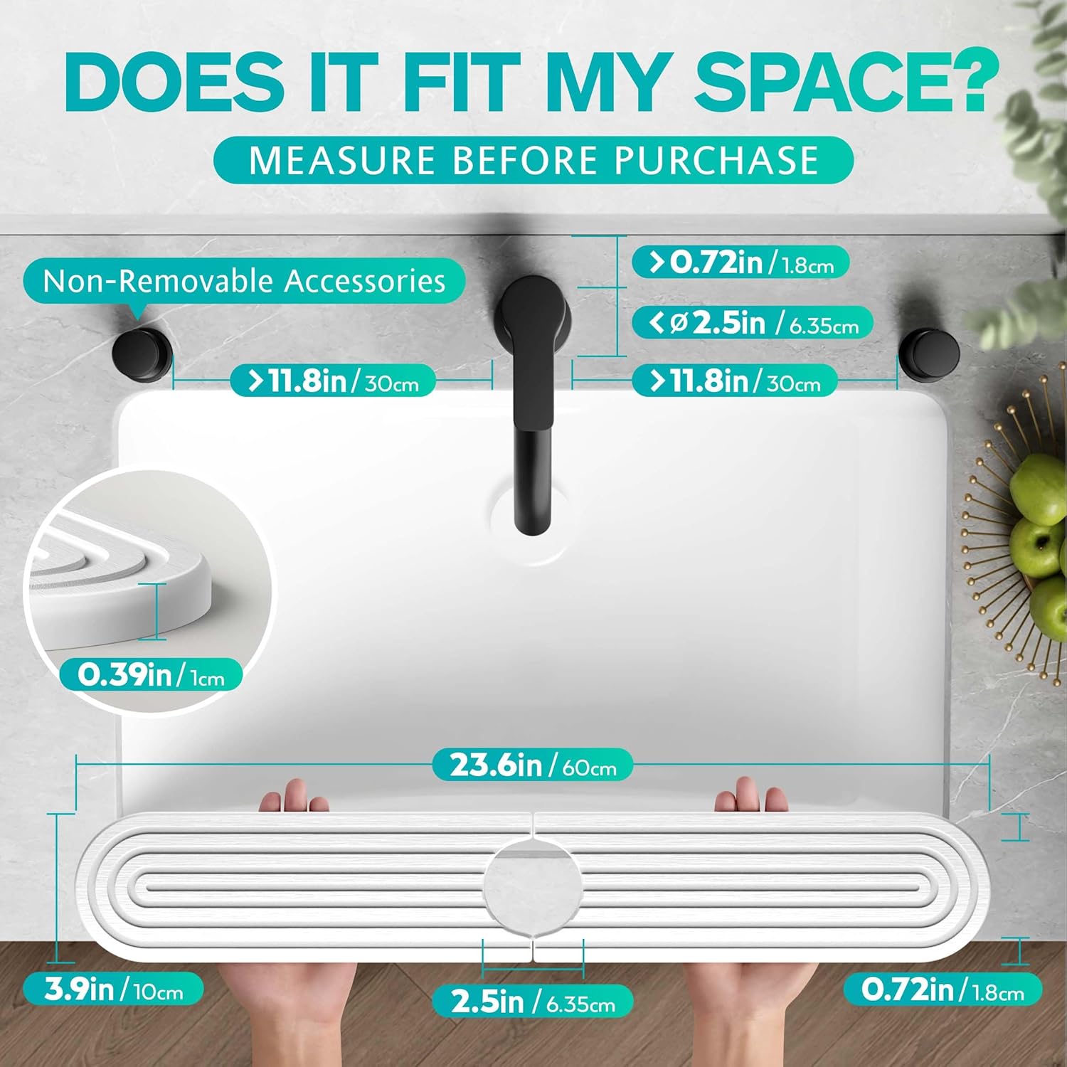 Stone Faucet Mat for Kitchen Sink – Diatomite Fast-Drying Stone Tray, Faucet Mat Sink Splash Guard, Decorative Sink Protector for Kitchen Bathroom Counter [White, 23.6''x3.9'']
