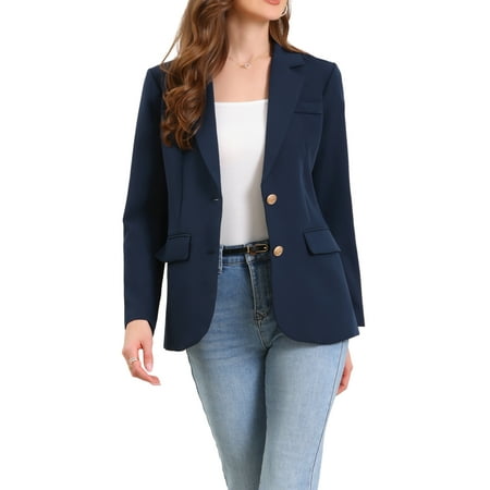 INSPIRE CHIC Women's Blazer Notched Lapel Long Sleeve Single Breasted Work Suit Jackets M Dark Blue
