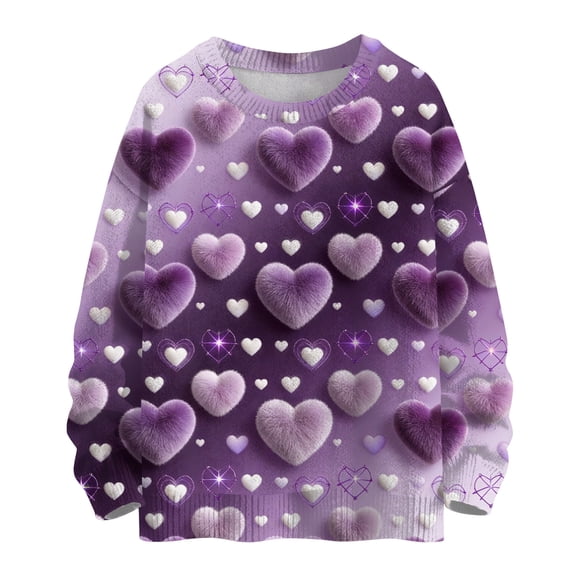 Nokdvo Women’s Sweatshirts Trendy Valentine Love Heart Print Crewneck Pullover Tops Fall Winter Casual Knit Loose Fit Pullover Sweaters,Dark Purple M