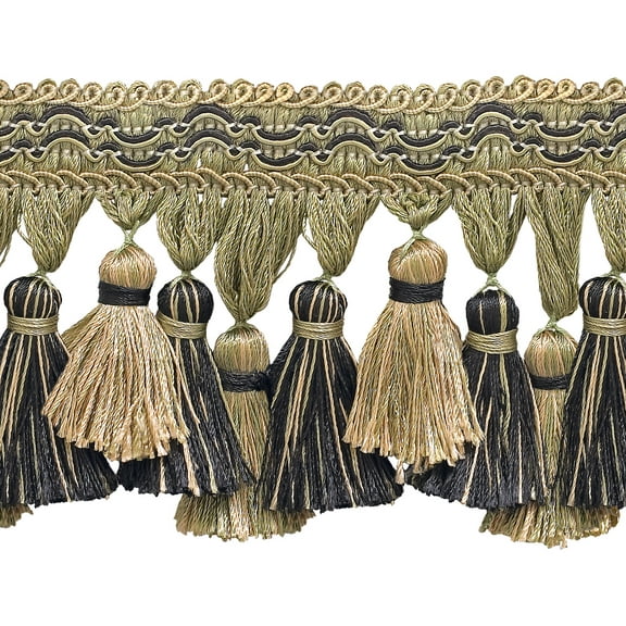 3 3/4" (9.5cm) Imperial Scroll Gimp with Soft Sheen Tiered Tassel Fringe Trim # TFI2,, Tan Beige Black #4363 (Pure Black, Tan Beige, Light Beige) Sold By The Yard (36"/3 ft/0.9m)