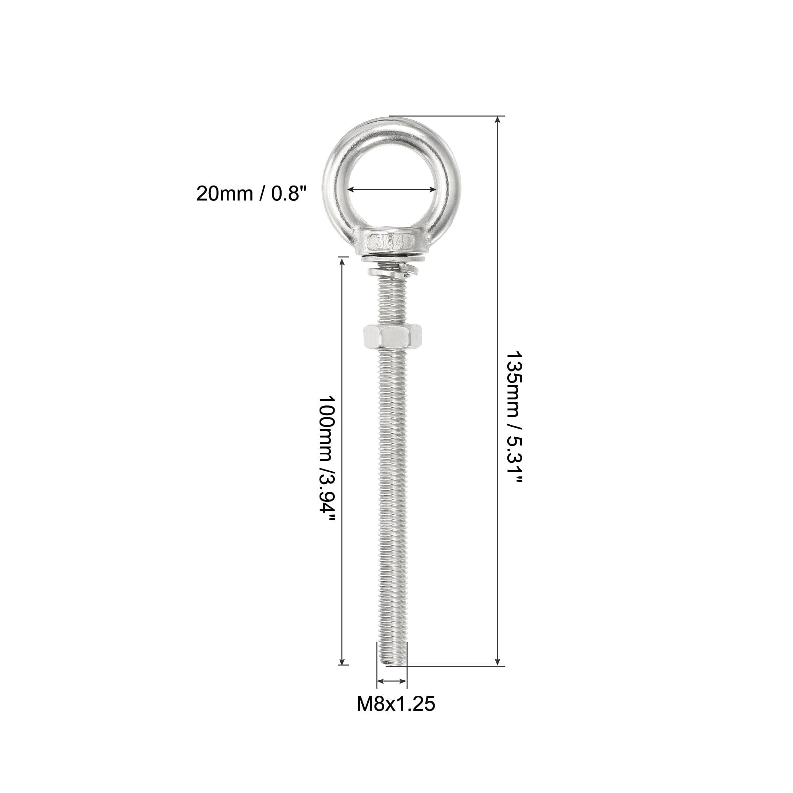 M8x60 5/16"x3.94" Stainless Steel Eye Bolts Threaded Screw Eyebolt Shoulder Ring with Nuts Washers 2 Set