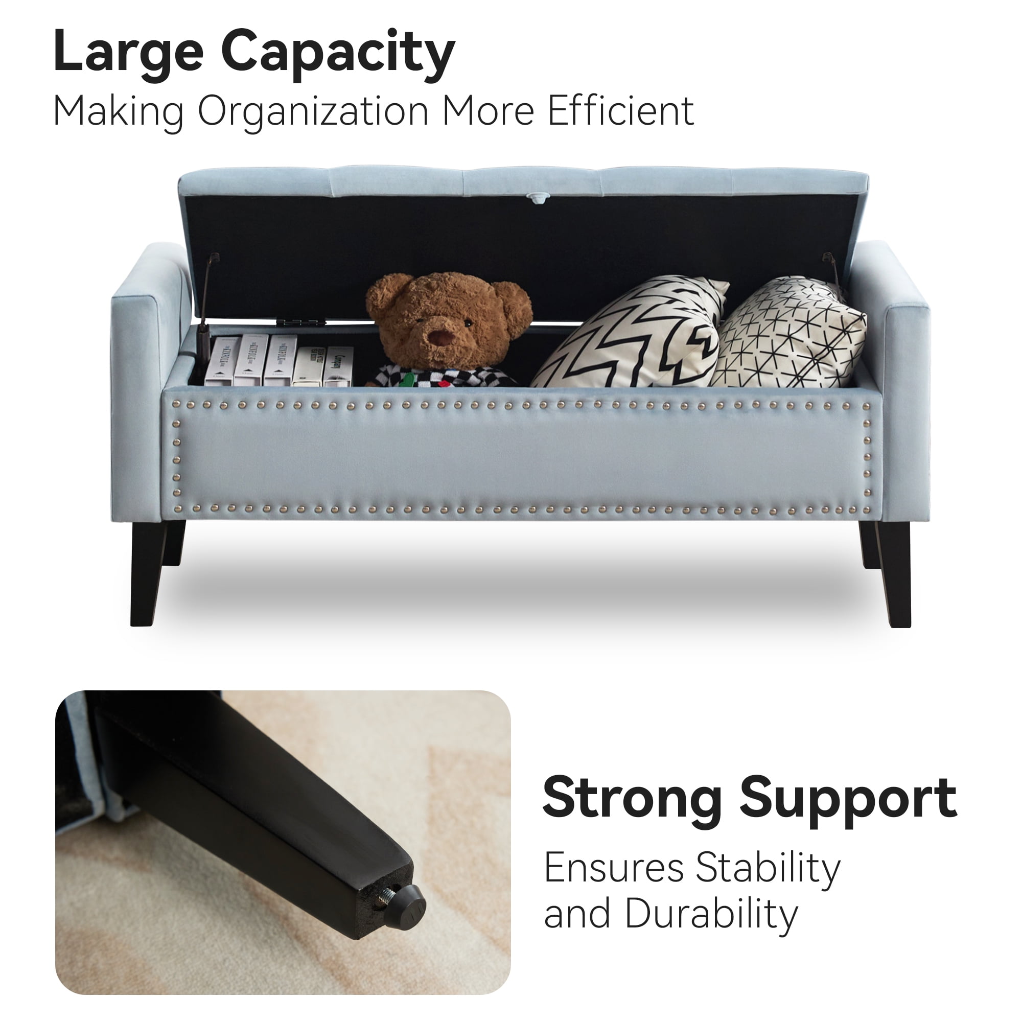 Velvet Storage Bench, Upholstered Bed Bench with Storage, End of Bed Ottoman with Wooden Legs,Bedside Storage Bench for Bedroom, Living Room, or Entryway, Blue Grey