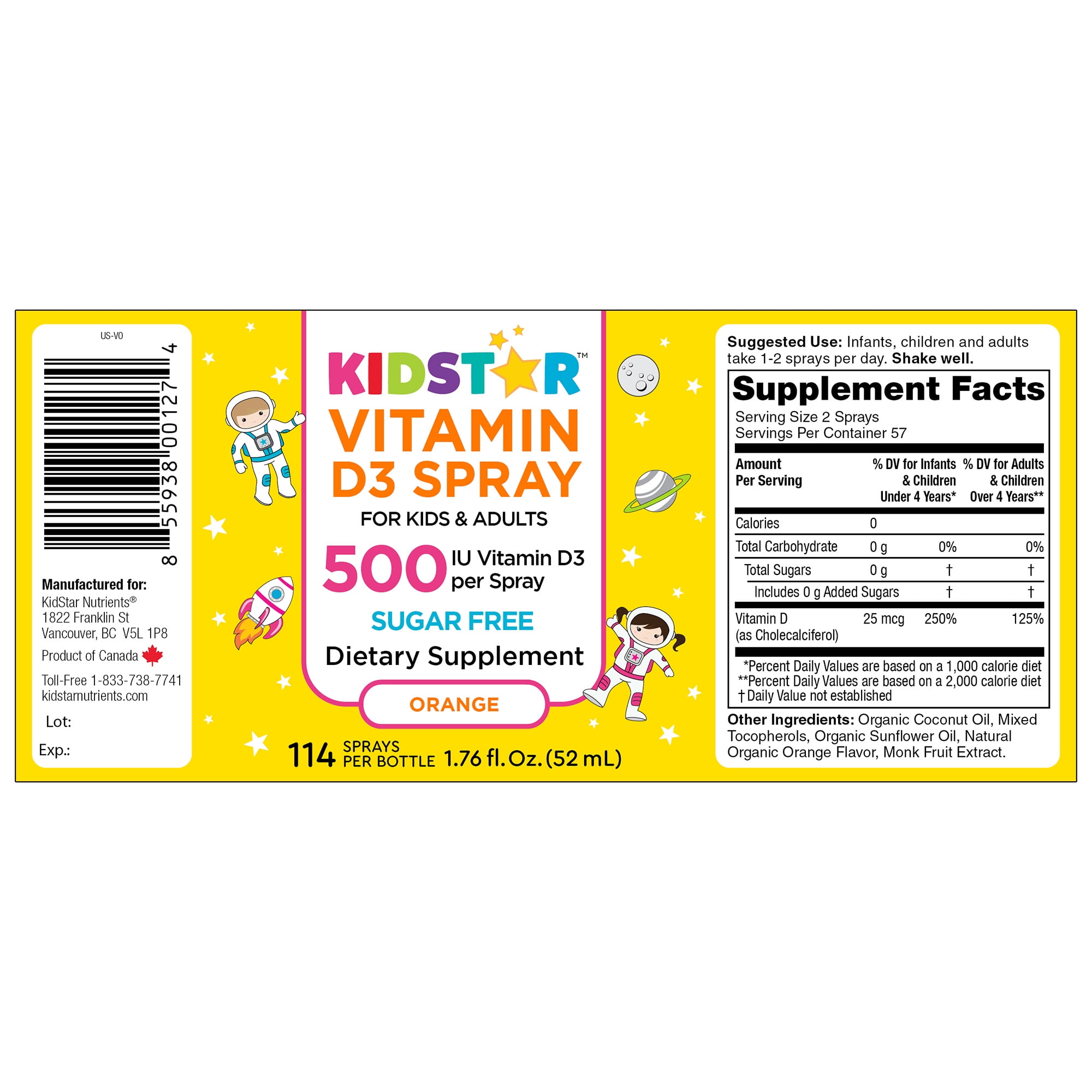 KidStar Nutrients Vitamin D3 Spray Dietary Supplement, Orange, 500 IU Per Spray, Sugar Free