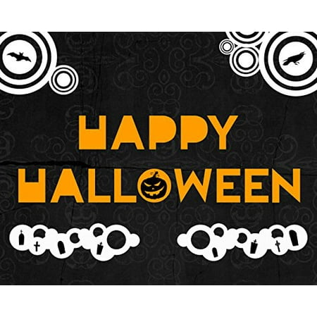 Black And White Bird Pictures Happy Halloween Print Black Design Background Orange Letters Pumpin White Tombstone Bat Bird Picture Wall Decoration Seasonal Poster ()