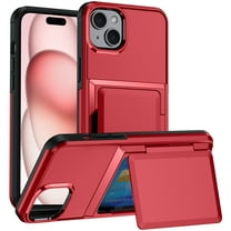 For iPhone 15 Case with Card Holder Heavy Duty Protective Kickstand Dual Layer Shockproof Hidden Card Slot Slim Wallet Military Protection Rugged Case for iPhone 15,Red