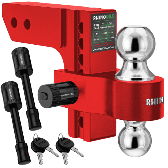 Rhino USA Adjustable Trailer Hitch (Fits 2-Inch Receiver) - Heavy Duty Aluminum Tow Hitches with 6-Inch Drop/Rise for Truck (12,500 LBS GTW) - Weatherproof Double Anti-Theft Locking Hitch Pins (Red)