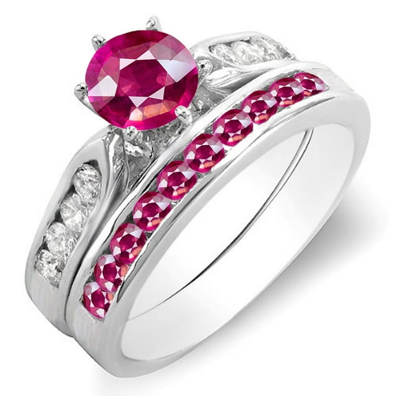 Dazzlingrock Collection 14K Round Ruby & White Diamond Ladies Bridal Engagement Ring Set Band, White Gold, Size 6.5