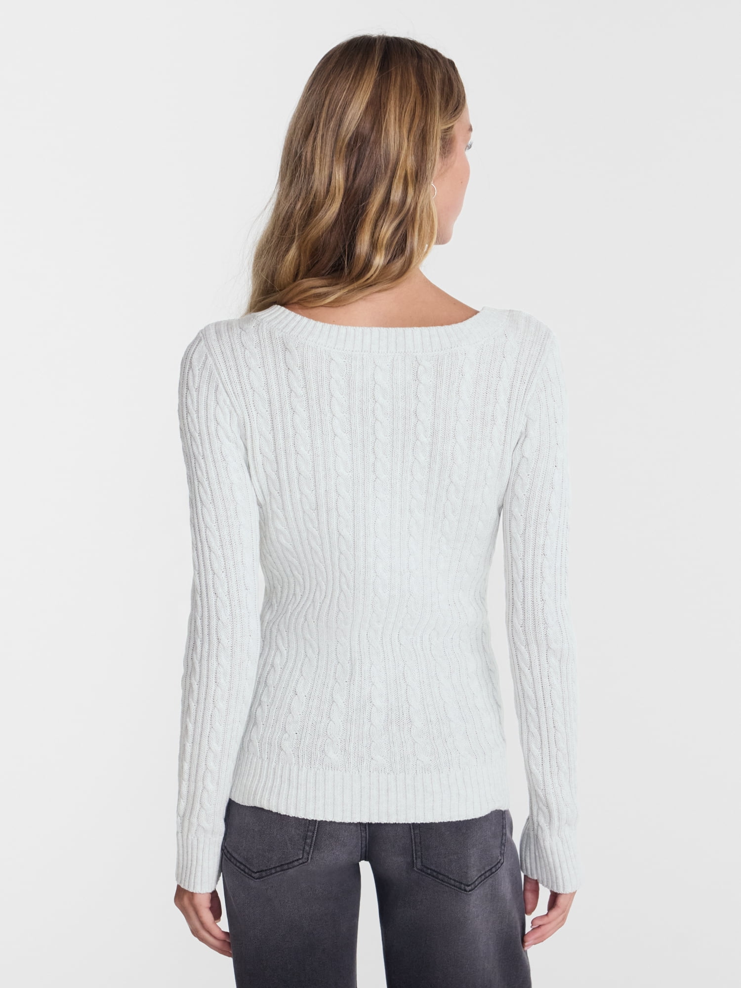 No Boundaries V Neck Cable Sweater, Women's and Women's Plus XXS-4X