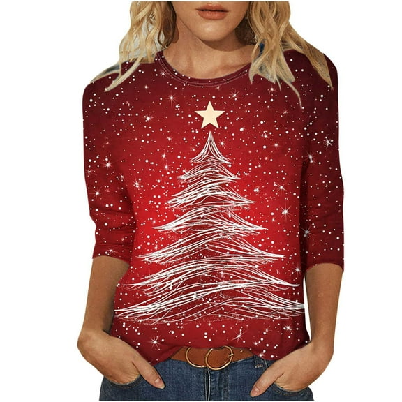 3/4 Sleeve Shirts for Women Xmas Novelty Pullover Merry Christmas Outfits Crew Neck Clothing Snowflake Clothes Balloon Tops Lights Shining Star Tees Christmas Tree Sweatshirt