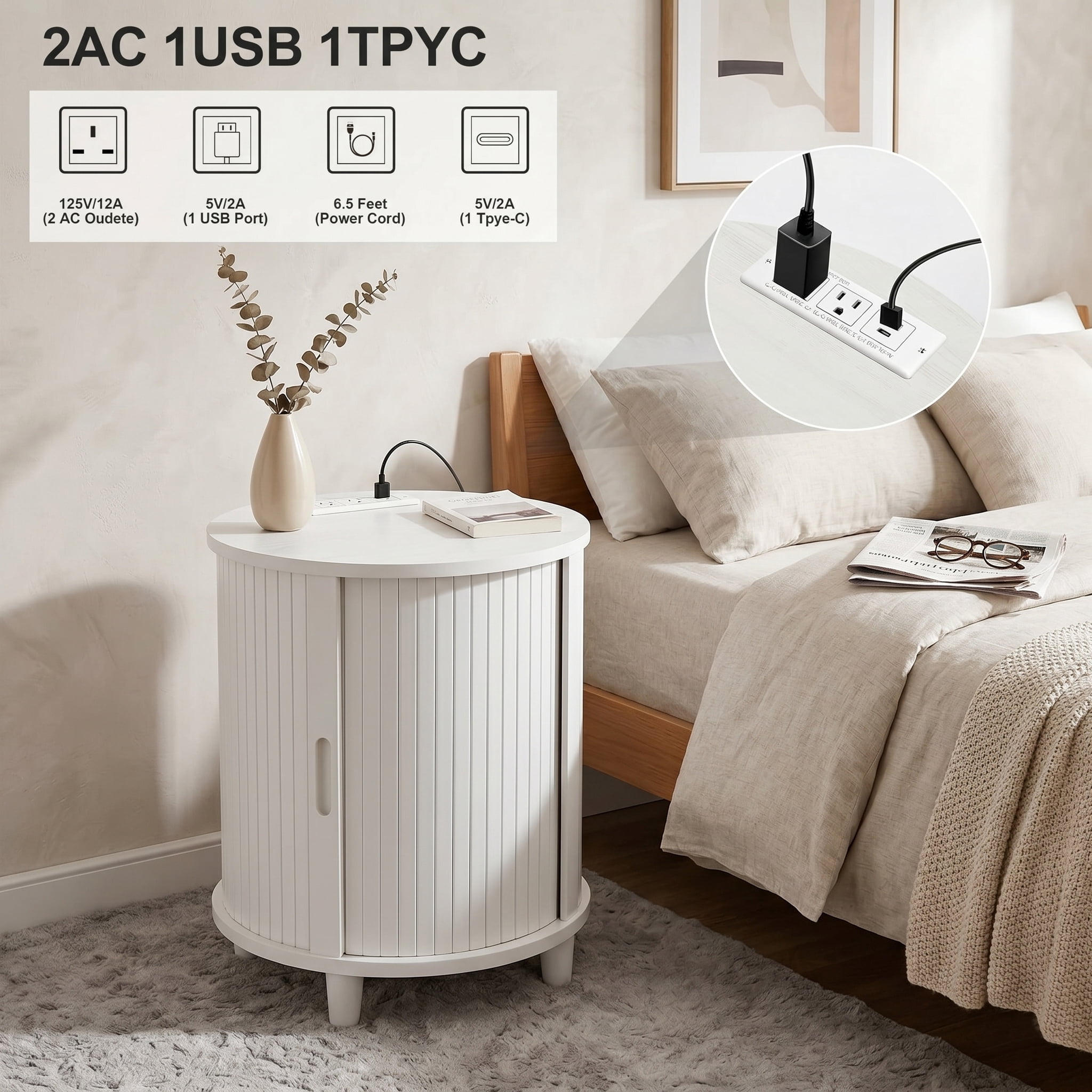 AISWORD Round End Table with Charging Station, Fluted Accent Side Table with Sliding Door and Adjustable Shelf, Nightstand for Small Space, White
