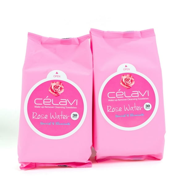 Celavi Makeup Remover Cleansing Wipes Removing Towelettes 2 Packs - 60 Sheets (Rose Water )