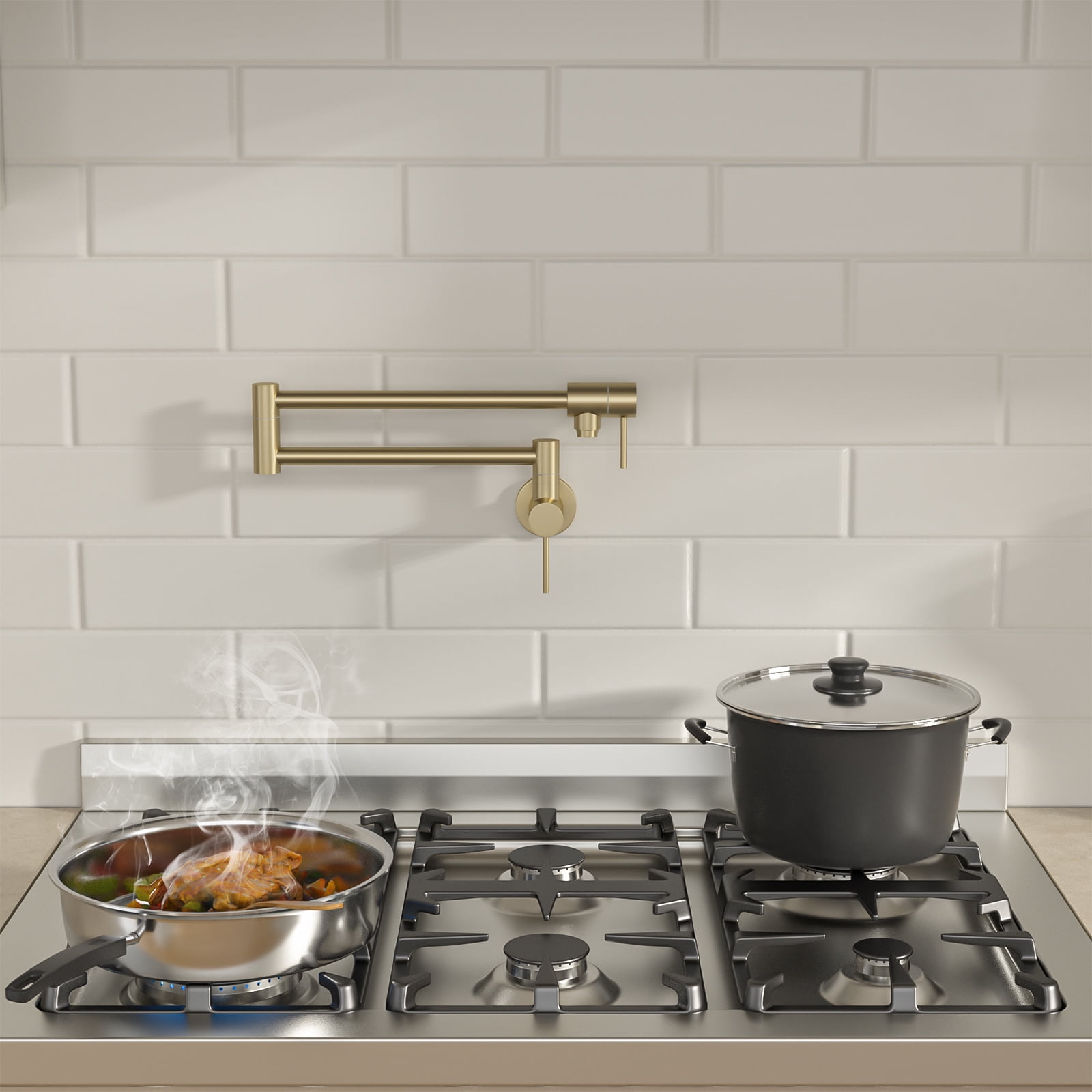 Pot Filler Faucet Wall Mount Gold, 20" L Stainless Steel Folding Kitchen Faucet with Double Joint Swing Arm, Commercial Pot Filler with 360° Swivel Spout & ABS Aerator