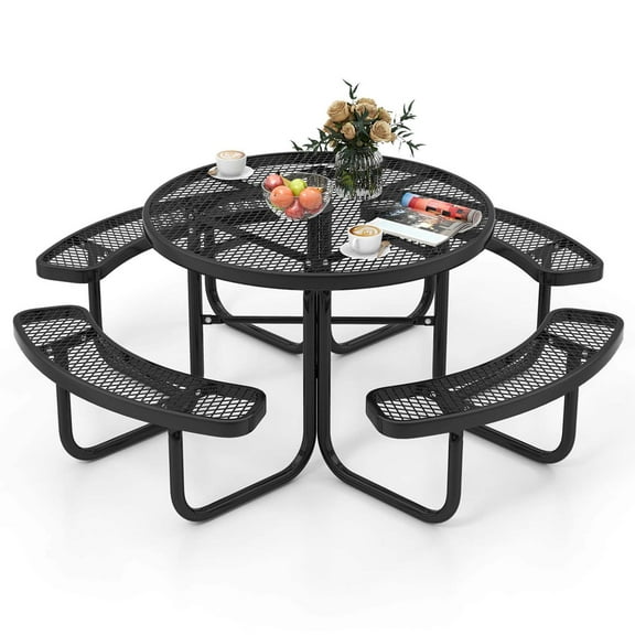 Costway 45" Coated Steel Camping Table Outdoor Round Picnic Table & Bench Set for 8 Black