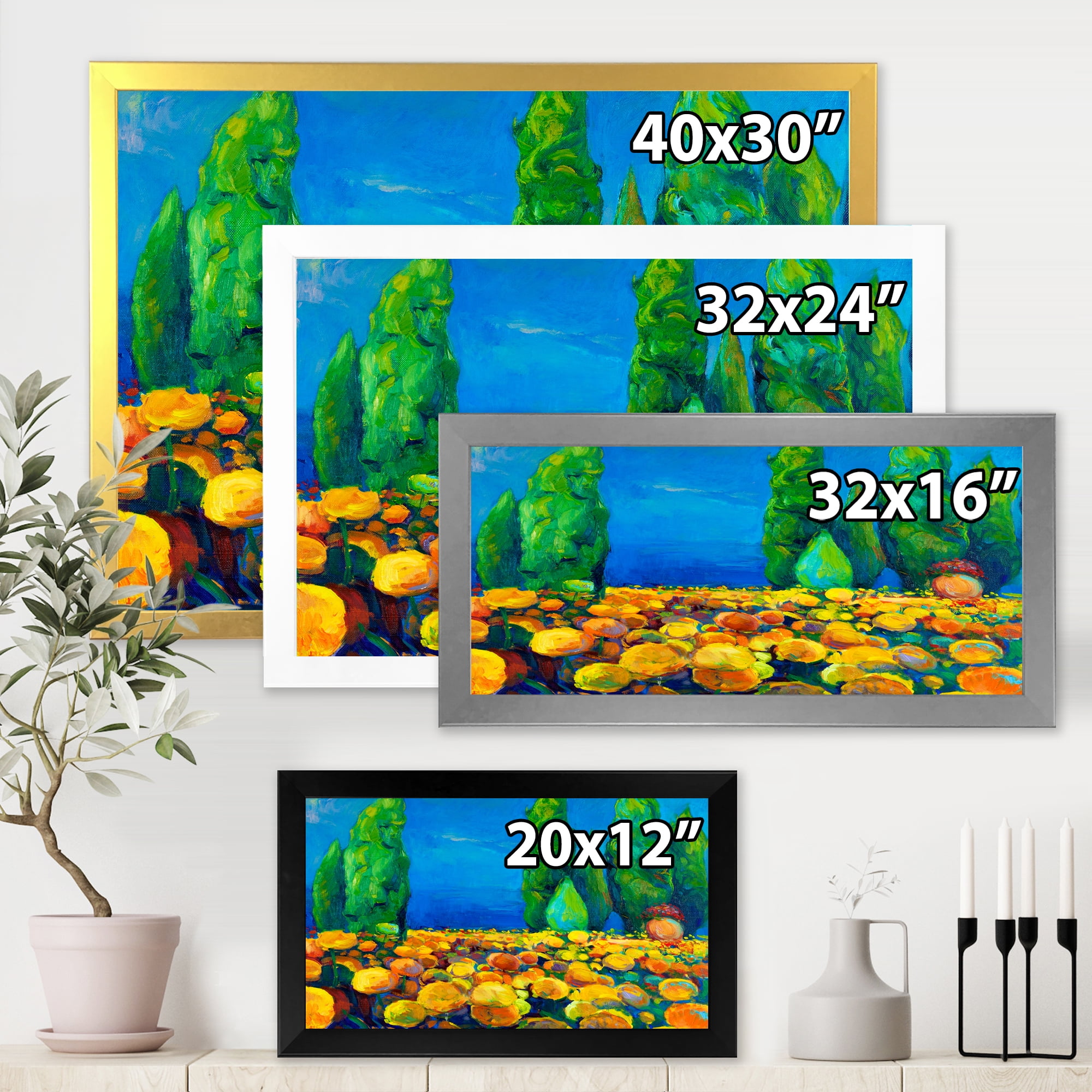 Designart 'Yellow Blossoming Flowers Landscape With Green Trees' Traditional Framed Art Print