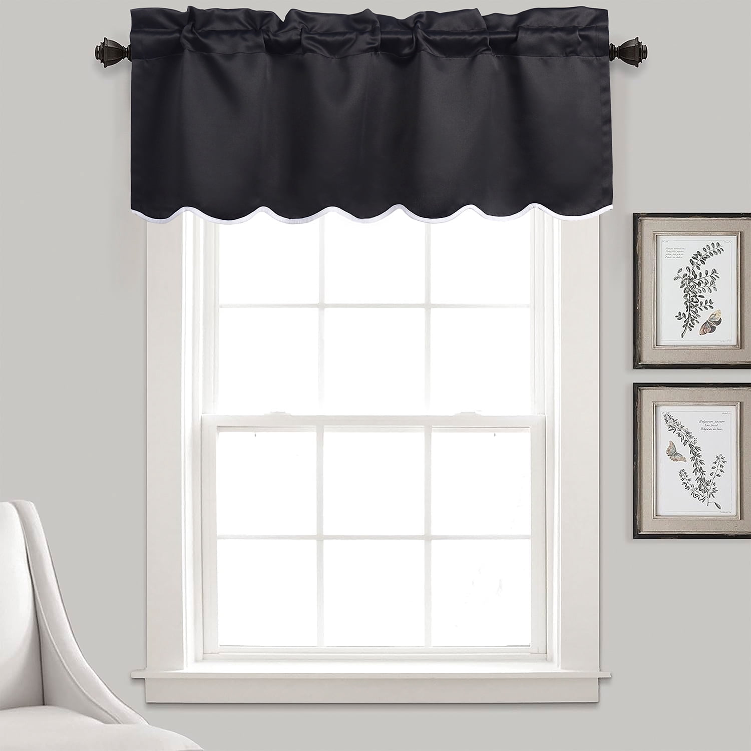 HIG 2 Panels Blackout Window Treatment Valances, 52"W x 18"L Color-Block Scalloped Valances, Decorative Rod Pocket Short Curtain Panel for Kitchen, Window, Bathroom, Black