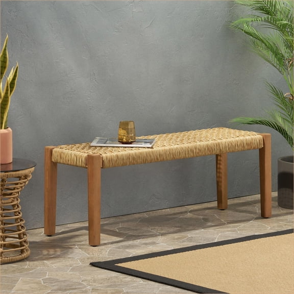 Outdoor Backless Bench | Teak Brown Faux Rattan Seat for Patio Garden, 43 Inch | Acacia Wood | Teak