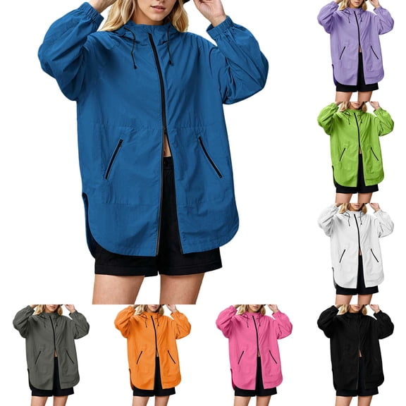 DYTTDG Women's Lightweight Hooded Zip-Up Jacket Long Sleeve Solid Casual Windbreaker Drawstring Waist Zipper Pockets Outerwear