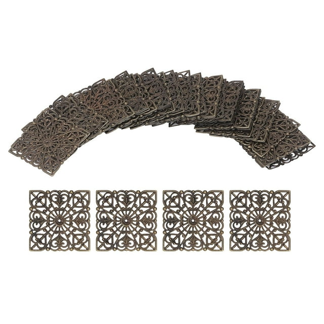 50 Pcs Tetragonum Iron Filigree Charms Antique Bronze Hollow Electroplating Rustproof Iron Filigree Embellishments for DIY Crafts