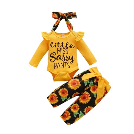 

Baby Girls Clothes Set Letter Print Long Sleeve O-neck Tops + Long Pants with Sunflower Pattern + Bow-knot Headband